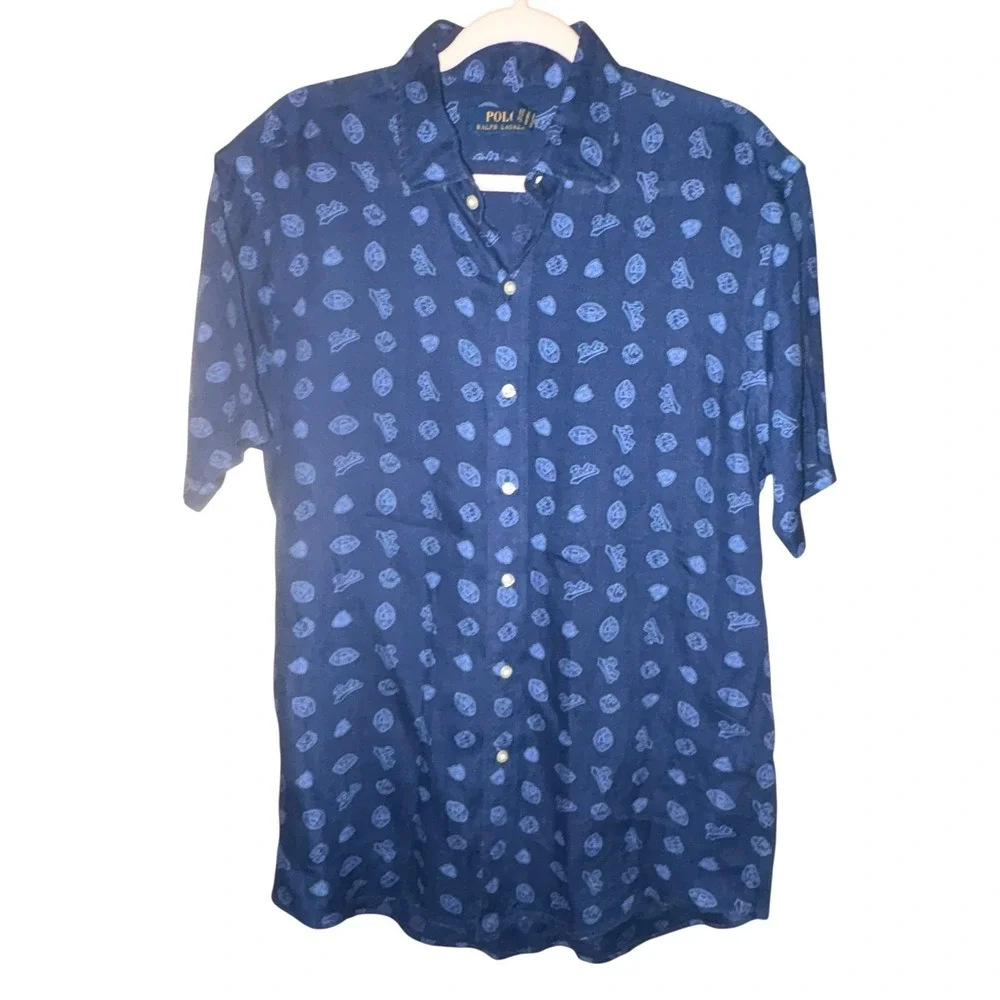Polo Ralph Lauren 100% Linen shirt SS Button‎ Front Logo Print Football sz LG - Picture 2 of 7